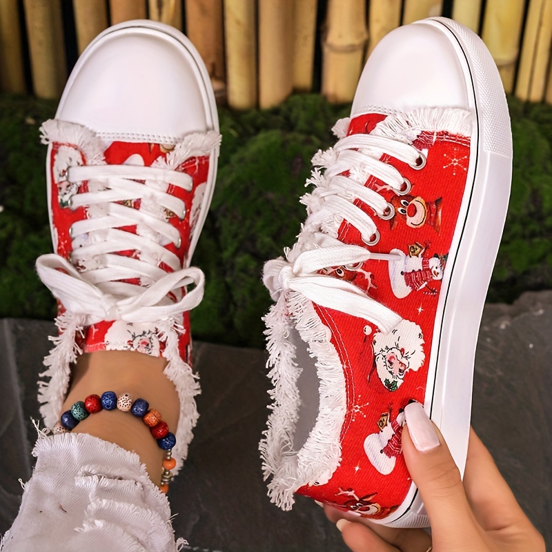 womens christmas print canvas shoes casual lace up outdoor shoes lightweight low top sneakers details 4