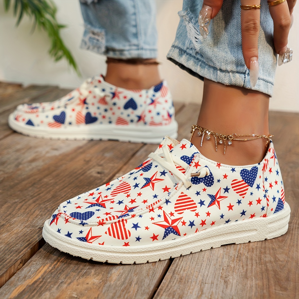 womens stars print canvas shoes independence day slip on lightweight soft sole walking loafers comfortable flat travel shoes details 0