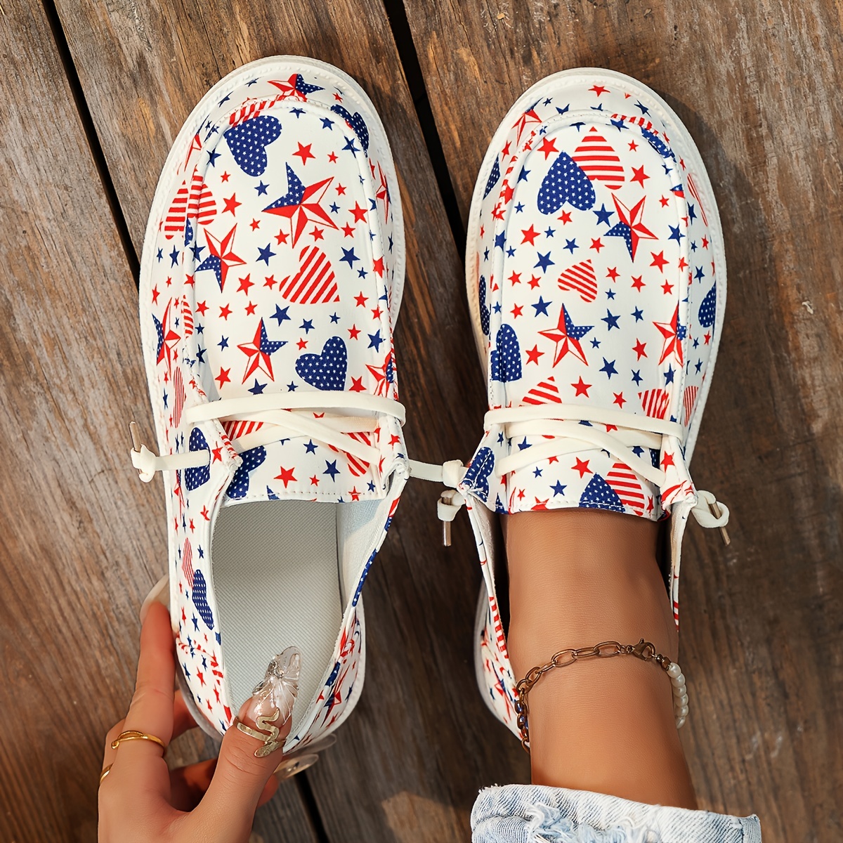 womens stars print canvas shoes independence day slip on lightweight soft sole walking loafers comfortable flat travel shoes details 5