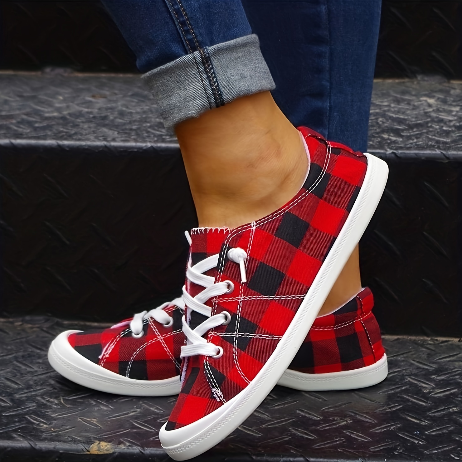 womens plaid pattern canvas shoes casual lace up outdoor shoes lightweight low top sneakers details 0