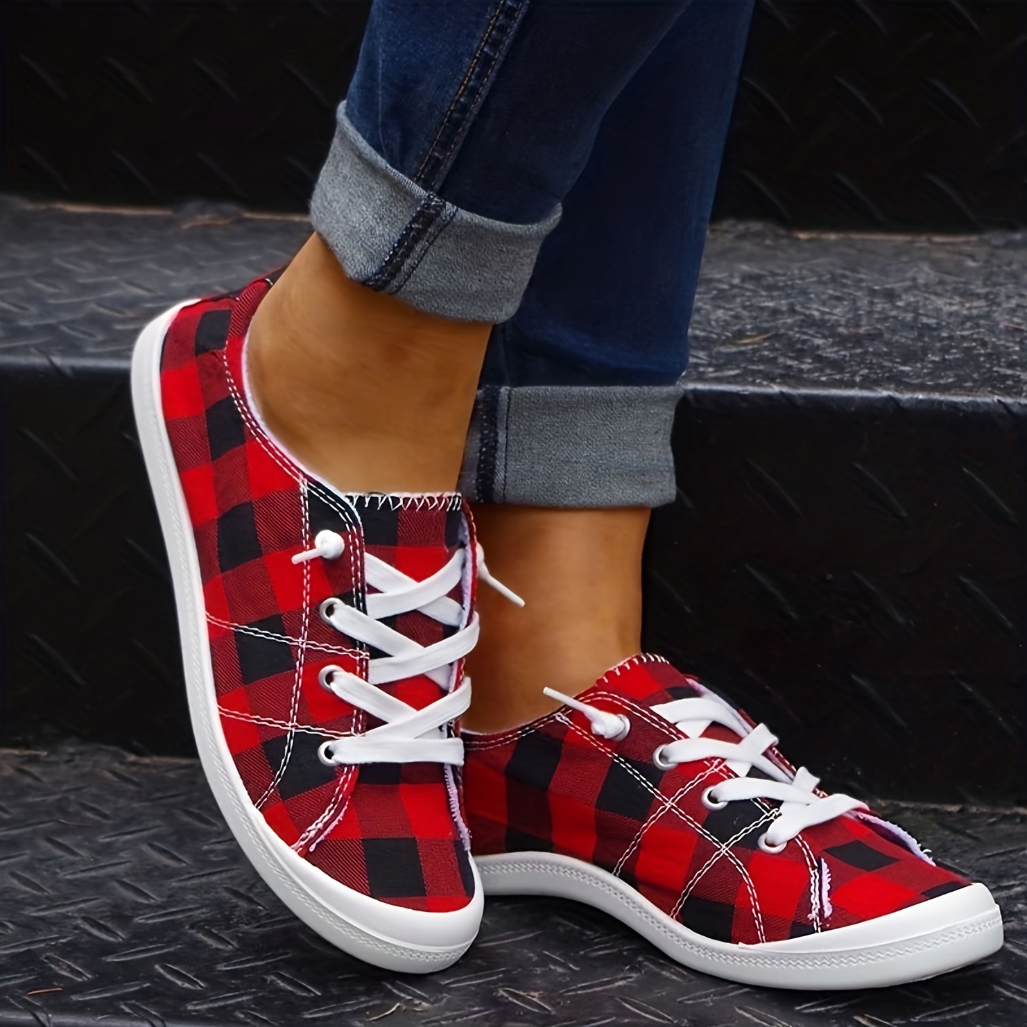 womens plaid pattern canvas shoes casual lace up outdoor shoes lightweight low top sneakers details 5