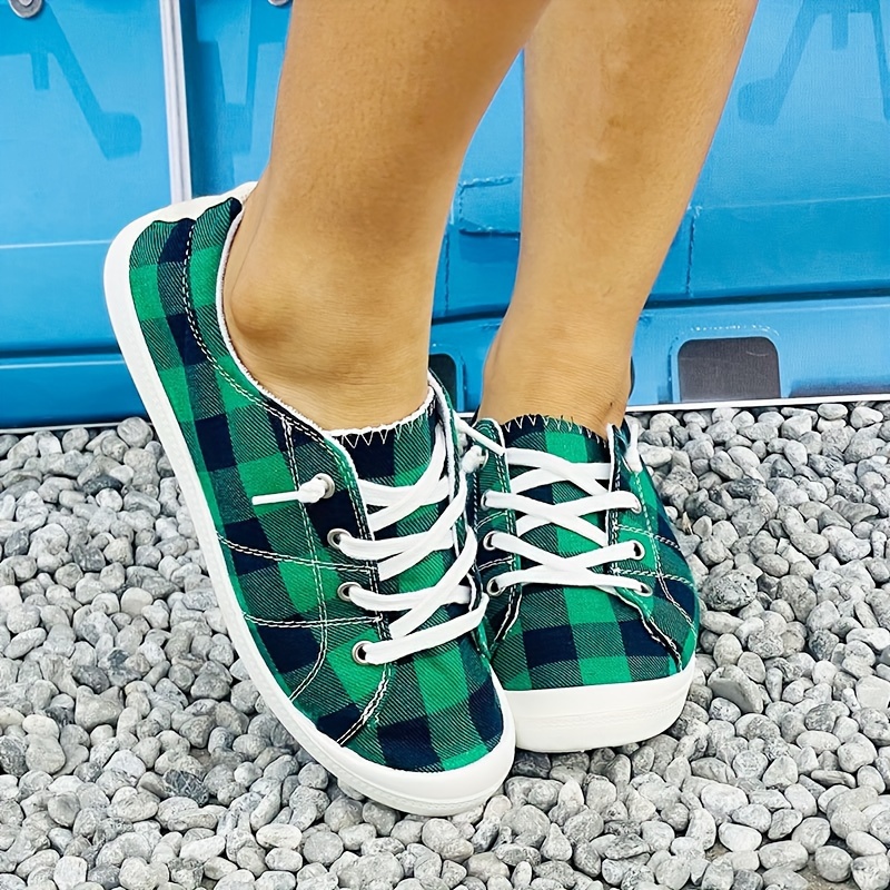 womens plaid pattern canvas shoes casual lace up outdoor shoes lightweight low top sneakers details 9