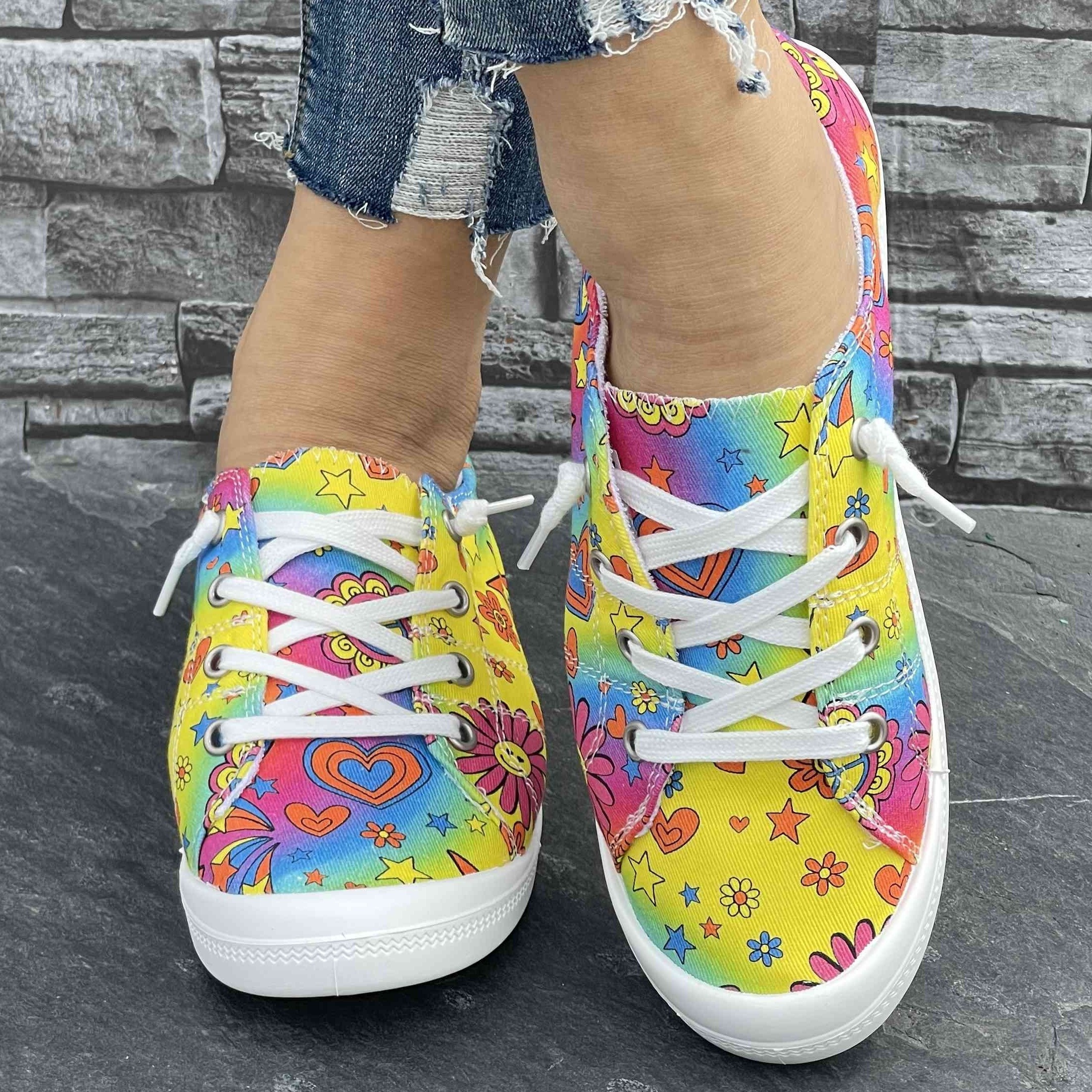 Women s Colorful Star And Flower Print Sneakers, Casual Canvas Slip On Lightweight Walking Shoes, Versatile Footwear With Campus Style details 0