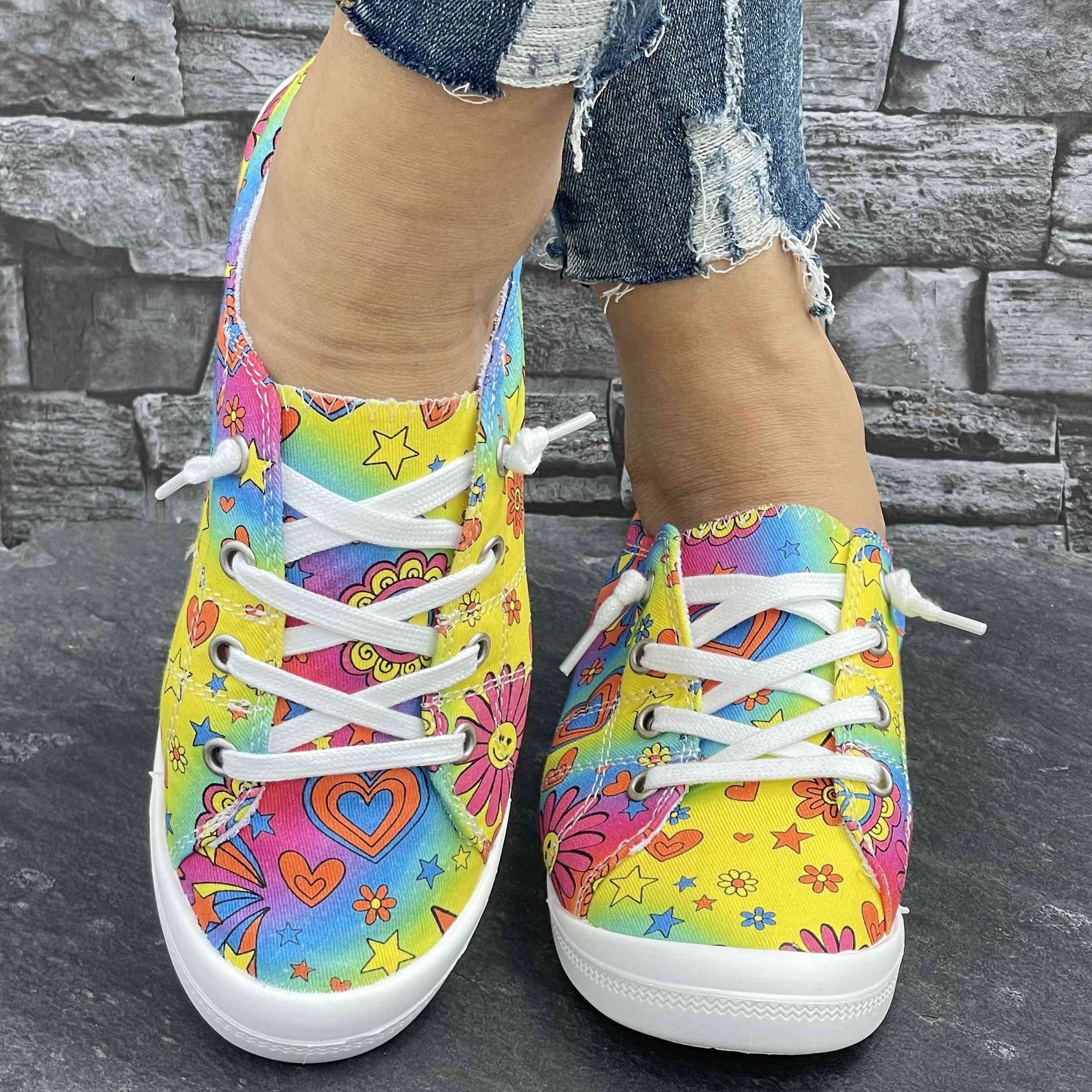 Women s Colorful Star And Flower Print Sneakers, Casual Canvas Slip On Lightweight Walking Shoes, Versatile Footwear With Campus Style details 1