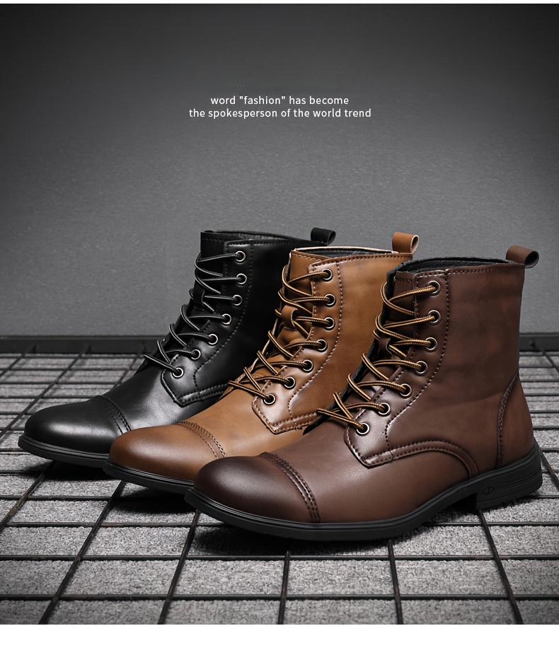 mens solid cap toe high top dress boots wear resistant anti skid lace up boots with microfiber leather uppers for outdoor spring autumn and winter details 2