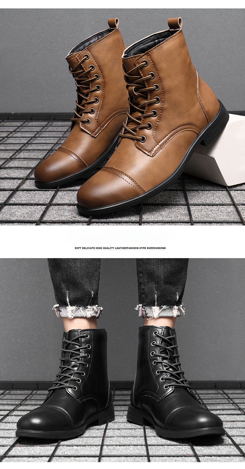 mens solid cap toe high top dress boots wear resistant anti skid lace up boots with microfiber leather uppers for outdoor spring autumn and winter details 18