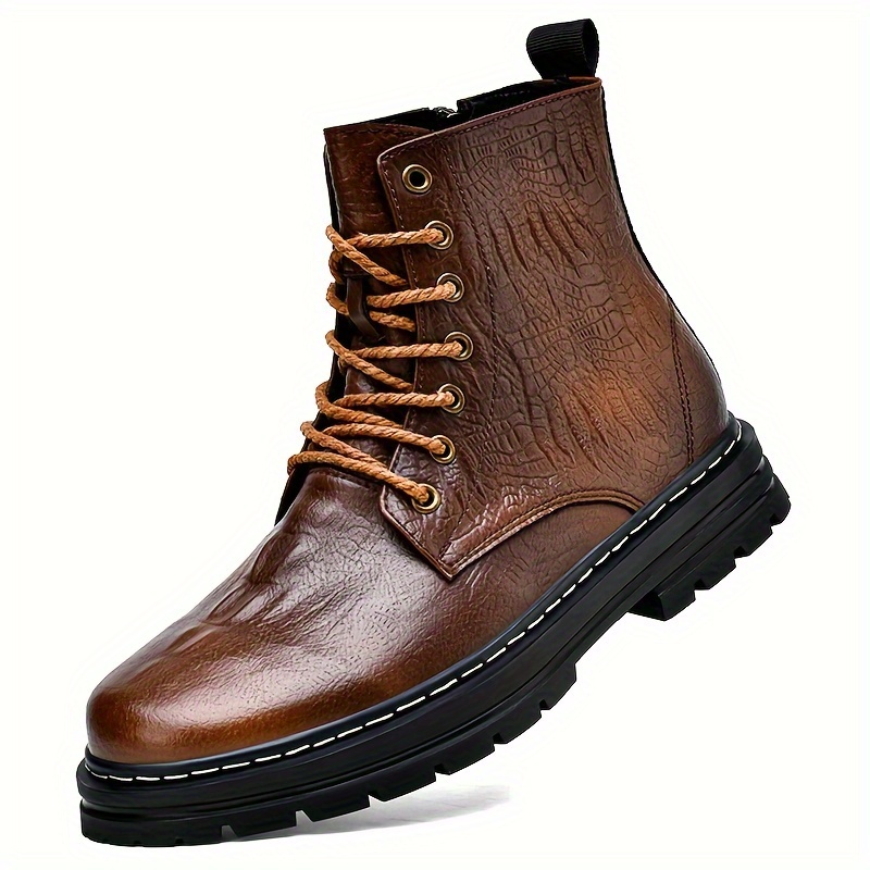 Plus Size Men s Split Leather Solid Colour High Top Plain Toe Boots, Comfy Non Slip Rubber Sole Riding Shoes For Men s Outdoor Activities details 2